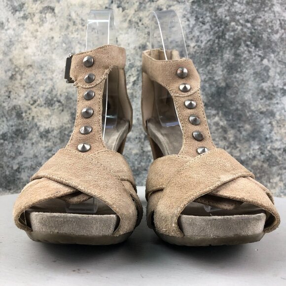 Janet Sport Women's Size 38 Brown Open Toe Studded Back Zip High Heel Sandals - Picture 2 of 13